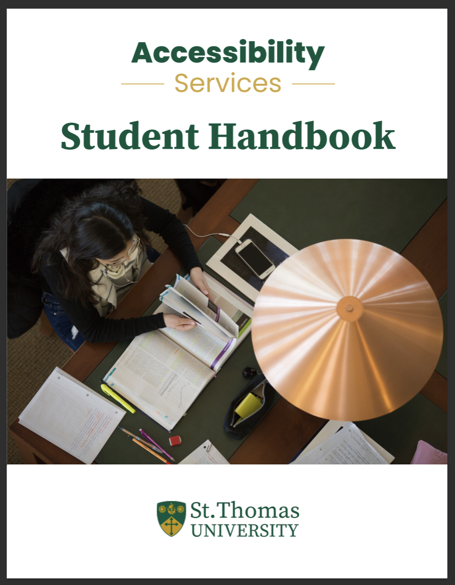 The cover of the Student Accessibility Handbook, featuring a female student flipping through a book at a table